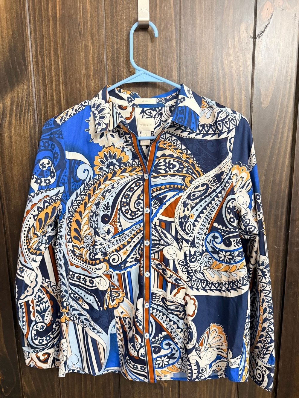Chico's Blue, Navy & Orange Paisley Button-Front Blouse - Picture 1 of 7